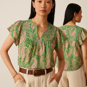 ba&sh Oxana Pink Green Paisley Cotton Voile Flutter Sleeve Top – Size Large